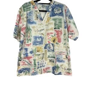 BRRCO WOMENS SCRUB MULTI PRING FLORAL TOP SIZE LARGE SHORT SLEEVE